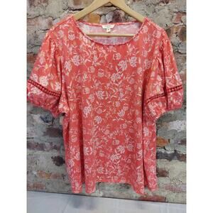 Como Blu Womens Top Blouse Size 2X Plus Coral Floral Puff Sleeve Shirt